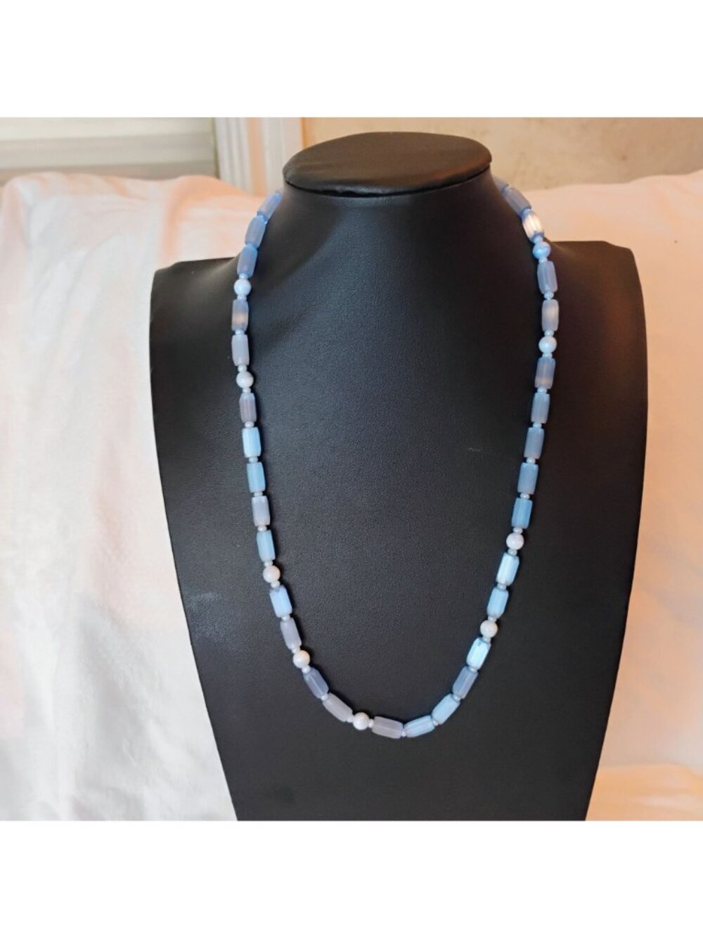 Vintage Art Deco Czech Faceted Blue Atlas Satin Art Glass Beaded Necklace 20" - Picture 3 of 7